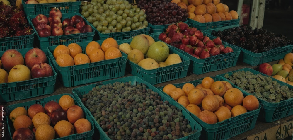  a bunch of baskets filled with lots of different types of apples and oranges next to a pile of plums and other types of fruit on a wooden table.