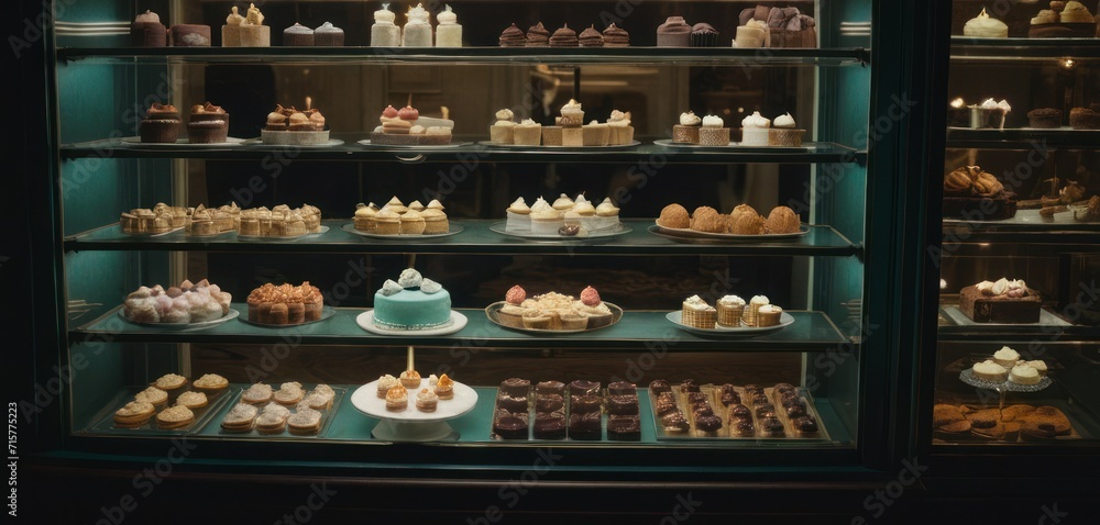  a display case filled with lots of different types of cakes and cupcakes on top of cakes and cupcakes on the bottom of the cakes and bottom of the shelves.