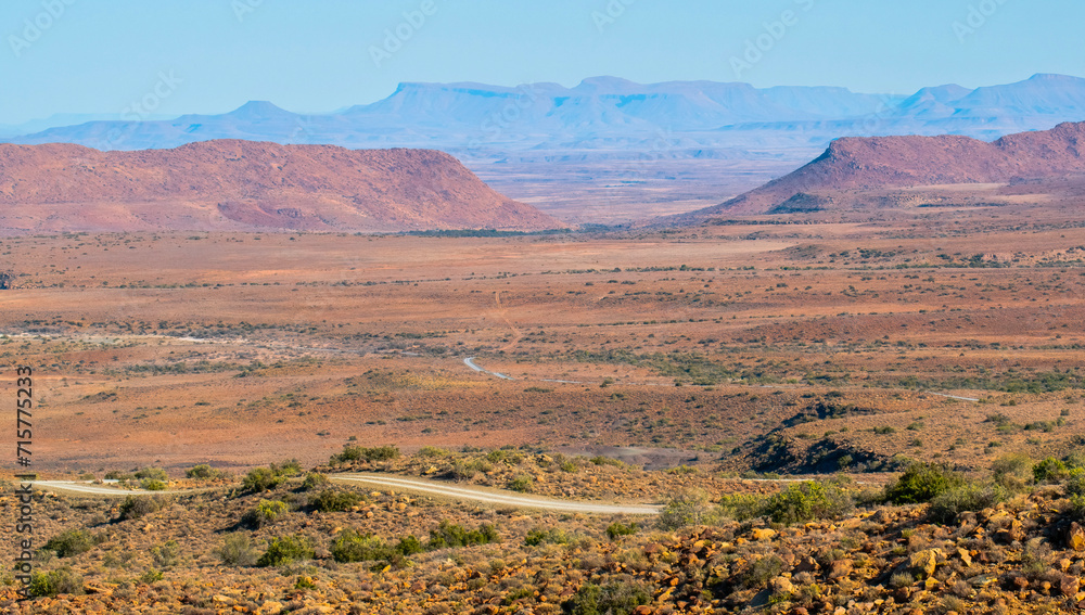 View over the Karoo plains from the Doornhoek viewing point on the Potlekketjie loop, Karoo National Park, Western Cape.