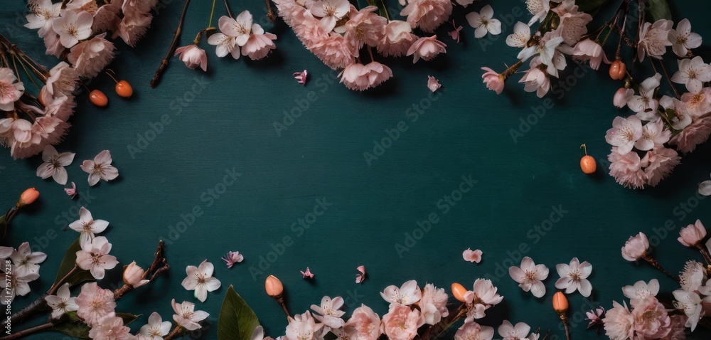 a bunch of pink flowers on a green background with a place for a text on the left side of the image and a bunch of oranges on the right side of the frame. a bunch of pink flowers on a green background with a place for a text on the left side of the image and a bunch of oranges on the right side of the frame.