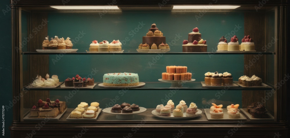 a display case filled with lots of different types of cakes and cupcakes on top of cakes and muffins on the bottom of each tier of the case.