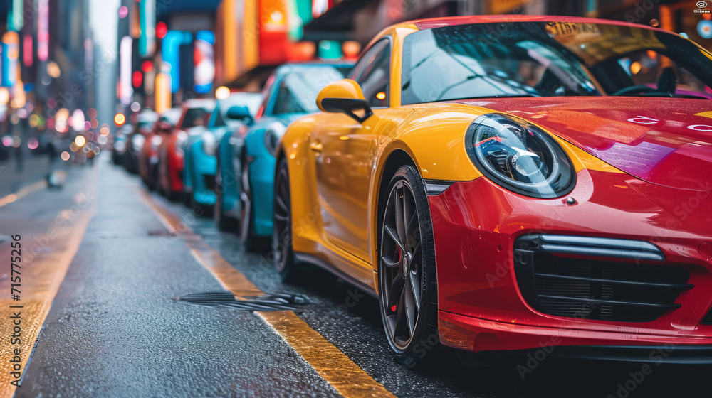 Brightly colored cars parked on the street ,generative ai. Brightly colored cars parked on the street ,generative ai.
