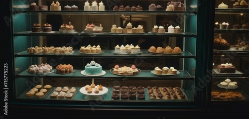  a display case filled with lots of different types of cakes and cupcakes on top of cakes and cupcakes on the bottom of the cakes and bottom of the shelves.