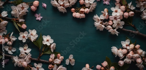  a close up of a bunch of flowers on a branch with leaves and buds on a green background with space for a text or a name on the bottom right side of the photo.