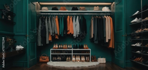  a walk - in closet with green walls and shelves filled with shoes and a shelf with a variety of folded shirts on top of it and a rug on the floor.