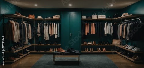 a walk - in closet with a lot of shoes and a lot of clothes hanging on the walls and a bench in the middle of the walk - in closet. photo