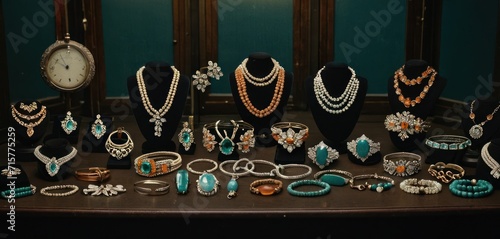  a collection of jewelry sits on a table in front of a mirror in a room with a clock on the wall and a clock on the wall in the background.