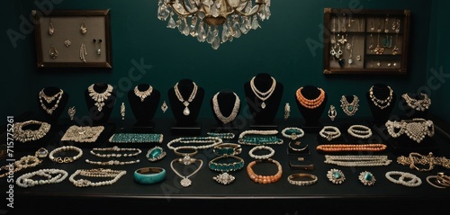  a table topped with lots of different types of necklaces and bracelets next to a framed picture of a chandelier and a framed picture on the wall.
