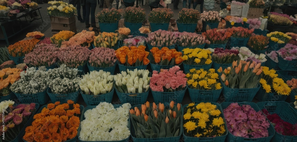  a bunch of baskets filled with lots of different colors of tulips and carnations on display at a flower market with people looking at the flowers in the background.