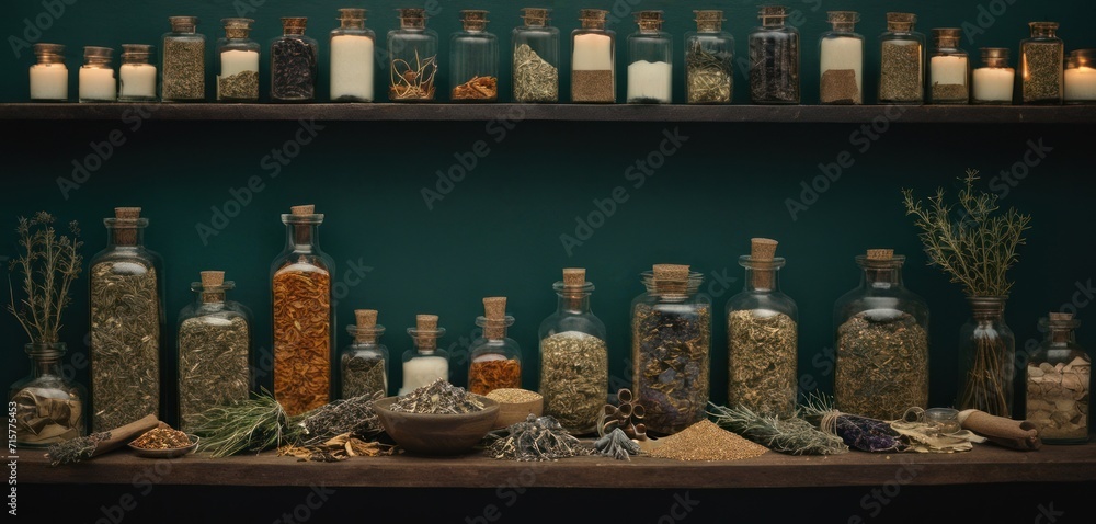 a shelf filled with lots of bottles filled with different types of spices and herbs on top of each shelf is a bowl of dried herbs and a bowl of dried herbs. a shelf filled with lots of bottles filled with different types of spices and herbs on top of each shelf is a bowl of dried herbs and a bowl of dried herbs.
