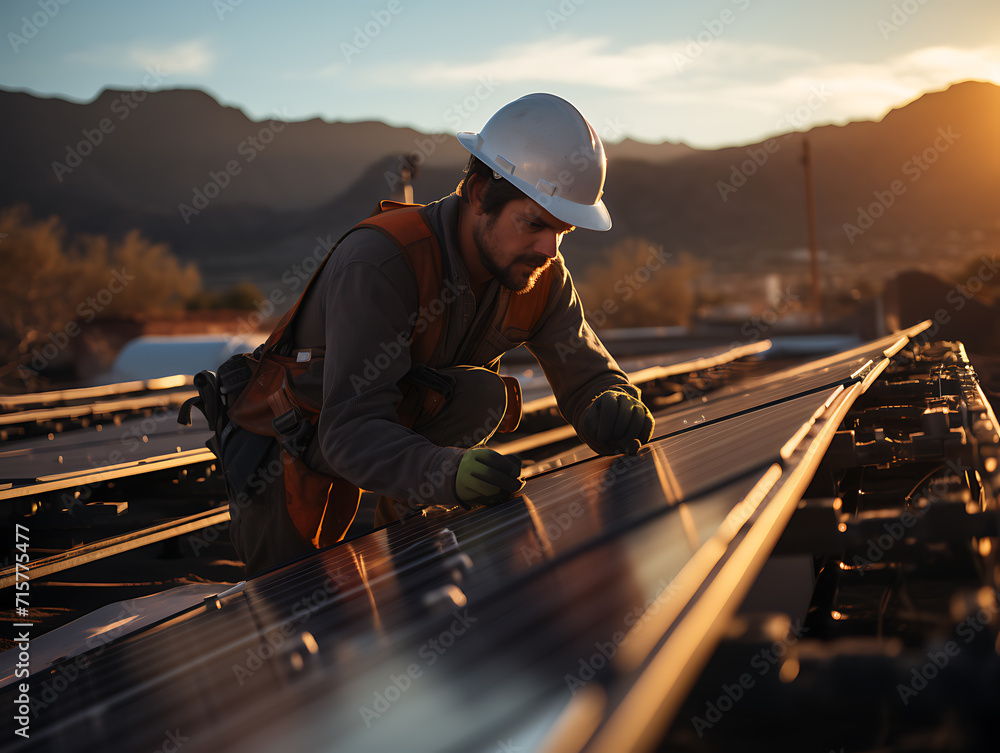 Técnico haciendo una instalación de placas solares en una fábrica