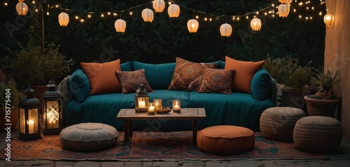  a couch sitting on top of a rug next to a table with candles on top of it next to a table with two stools and a lamp on top.