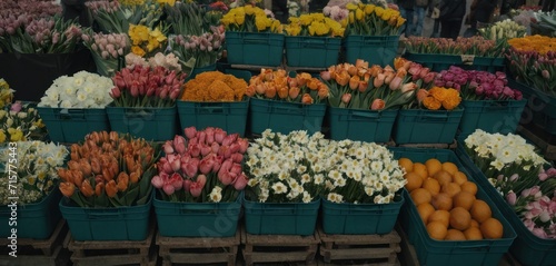  a bunch of baskets filled with lots of different colored tulips and oranges next to other baskets of flowers and oranges on a table with people in the background.
