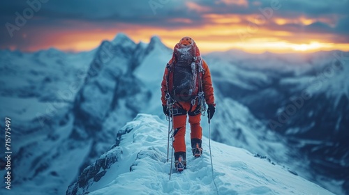 Expert Mountain Guide Leading the Way: Navigating a Challenging Ice-Covered Mountain Terrain on a Climbing Expedition