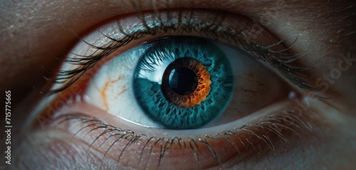  a close up of a person's eye with a blue and orange eyeball in the middle of the iris of the eye and the iris of the eye. © Jevjenijs