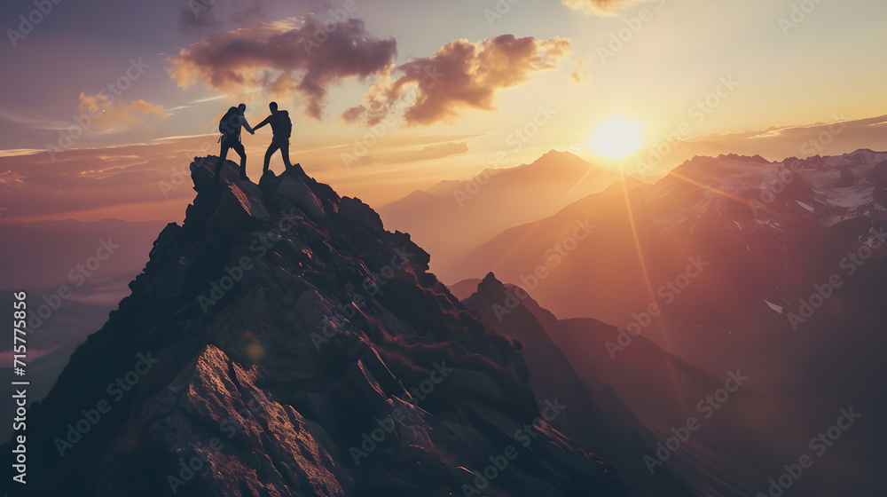 Peak Sunrise: Climbers Reaching for Each Other