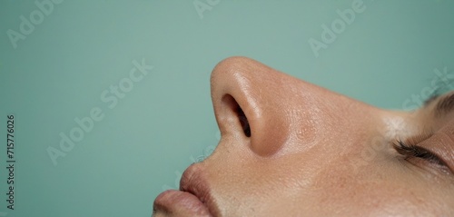  a close up of a woman's face with her eyes closed and her nose to the side of her face, with a light blue wall in the background.