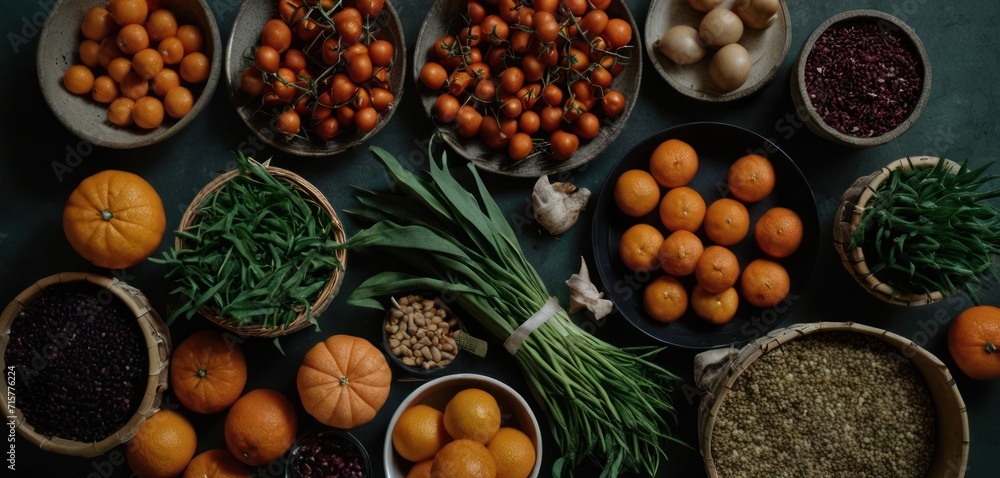 a table topped with bowls filled with oranges and other fruits and veggies next to a pile of onions and carrots next to a pile of other fruits and vegetables. a table topped with bowls filled with oranges and other fruits and veggies next to a pile of onions and carrots next to a pile of other fruits and vegetables.