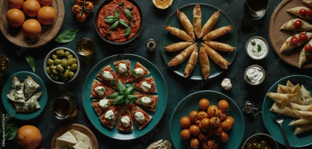  a table topped with plates of food next to bowls of dips and a bowl of oranges and a bowl of dips and a bowl of olives.