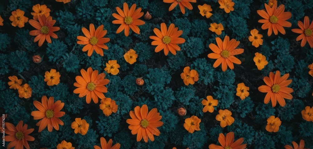 a group of orange flowers sitting next to each other on a field of green and orange flowers in the middle of a field of orange and yellow flowers in the center of the picture. a group of orange flowers sitting next to each other on a field of green and orange flowers in the middle of a field of orange and yellow flowers in the center of the picture.