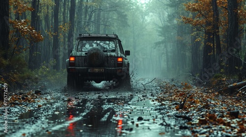 Off road car in a forest on a rainy day, generative ai © LomaPari2021