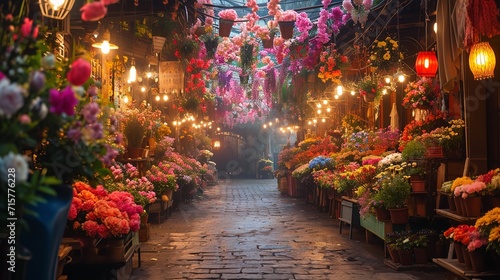 Rustic local flower market two side of the road with a big copy space, Generative AI. photo