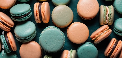  a group of macaroons sitting next to each other on top of a blue tablecloth covered in green and orange macaroni and white macaroons. photo