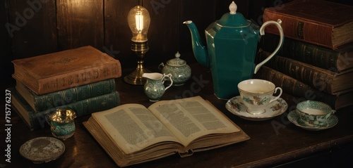  an open book sitting on top of a wooden table next to a tea pot and a tea cup on top of a wooden table next to a stack of books.