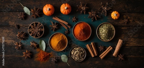  a wooden table topped with bowls filled with different types of spices and spices next to pumpkins and star anise on top of each of the wooden spoons.