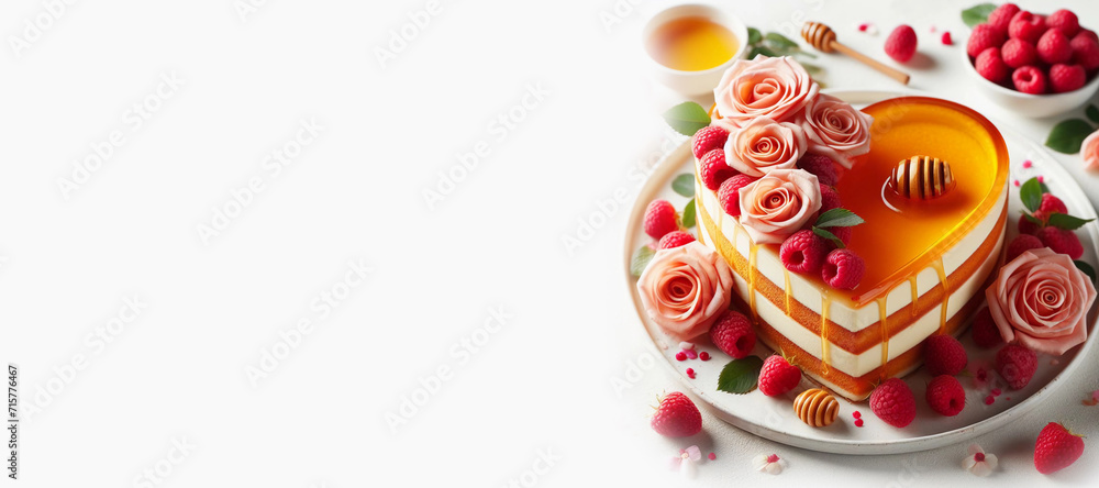 The heart-shaped layer cake is decorated with fresh berries, chocolate and flowers. Cake with fresh strawberries, raspberries and red currants. Dessert with red berries. Valentine's Day.
