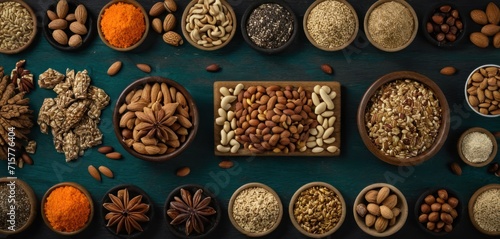  a table topped with bowls filled with different types of nuts and nutshells on top of a blue tablecloth covered in a variety of different types of nuts.