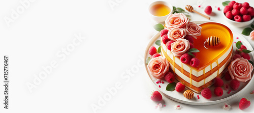 The heart-shaped layer cake is decorated with fresh berries, chocolate and flowers. Cake with fresh strawberries, raspberries and red currants. Dessert with red berries. Valentine's Day.