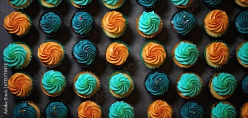  a group of cupcakes with blue and orange frosting on top of each of the cupcakes is a spiral design on the top of the cupcakes.