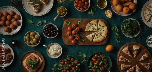  a table topped with plates of food next to a cutting board filled with pizzas and other foods on top of a green table cloth covered with a green cloth.