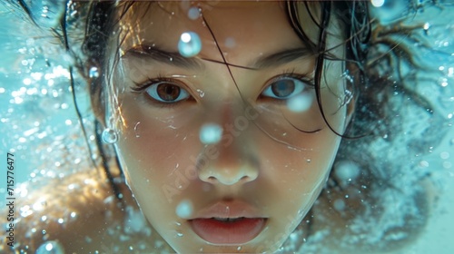 Portrait. Young Thai woman posing underwater with open eyes ,generative ai
