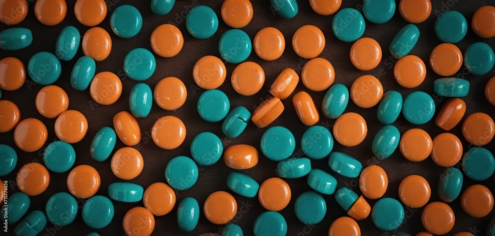 a table topped with lots of candy covered in orange, blue and green candies and a piece of candy sticking out of the middle of the top of the table. a table topped with lots of candy covered in orange, blue and green candies and a piece of candy sticking out of the middle of the top of the table.
