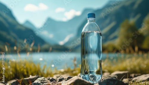 Drinking Water Bottle With Blurred Mountains And River Background. Winter Wallpaper. Summer Banner. Backdrop