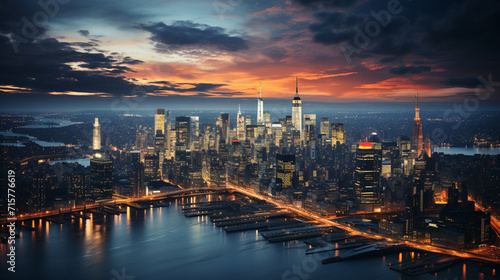 Futuristic technology city background banner with modern high-rise buildings blue sky