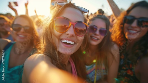 Friends enjoying at music festival a sunny beach day together