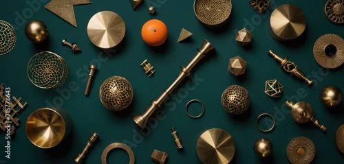  a collection of various metal objects on a green surface with an orange in the middle of the image and an orange in the middle of the image on the top of the picture. photo