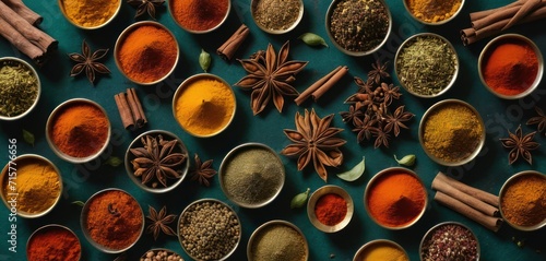  a table topped with bowls filled with different types of spices next to cinnamons and star anise on top of a blue table cloth covered with a green cloth.