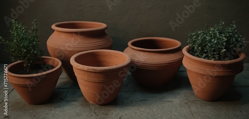  a group of clay potted plants sitting next to each other on a tile floor in front of a gray wall with a green plant in the middle of the pot.