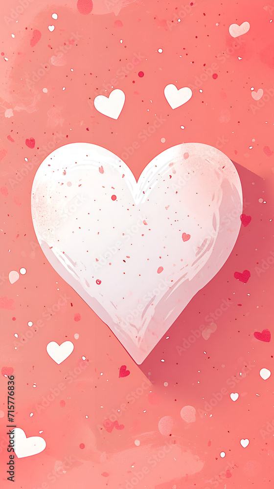 Valentine's day, flat illustration, big white heart in the center of the composition, pink background with small white and red hearts, banner, copy space