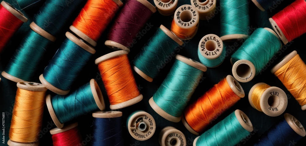 a group of spools of thread sitting next to each other on top of a wooden table with spools of thread on top of the spools. a group of spools of thread sitting next to each other on top of a wooden table with spools of thread on top of the spools.