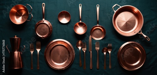  a collection of copper colored utensils and spoons on a green table cloth with a teal green table cloth behind it and a teal green tablecloth. photo