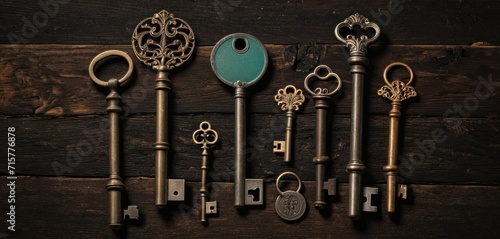  a bunch of keys that are next to each other on a wooden surface with a key in the middle of the key, and a key in the middle of the middle of the key is a. © Jevjenijs