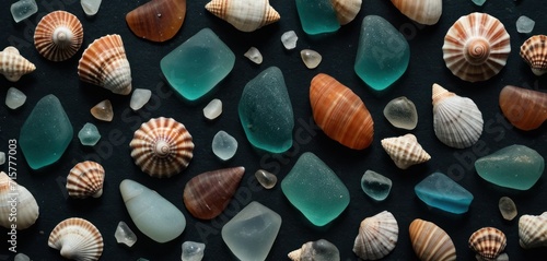  a collection of sea glass and seashells on a black background  top view  with a shallow focus on one of the shells and one of the seashells.