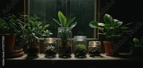  a group of potted plants sitting on top of a window sill next to a couple of glass jars with plants inside of them on a window sill.