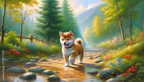 A cute Shiba Inu puppy strolling along a path, immersed in the tranquility of nature. The artwork should capture the theme 'Walking Path with a Shiba' inu.