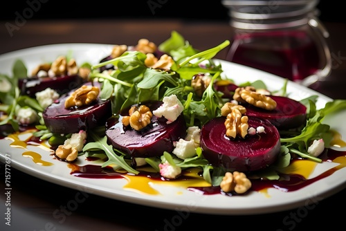 A plate of vibrant roasted beet and goat cheese salad, featuring a bed of mixed greens, candied walnuts, and a balsamic glaze.
